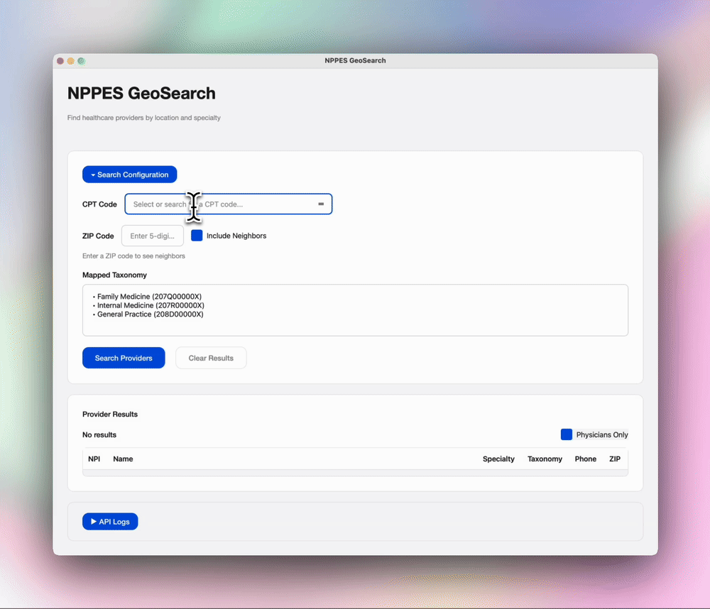 NPPES GeoSearch Demo